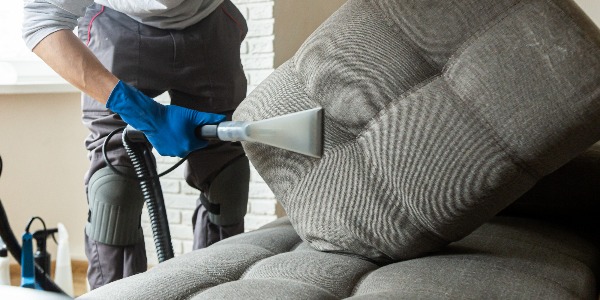 Man cleaning sofa chemical cleaning with professionally extraction method. Upholstered furniture. Early spring cleaning or regular clean up.